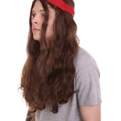 HPO Men's Pirate Mens Wig | Brown Wig With Red Ribbon | Premium Breathable Capless Cap