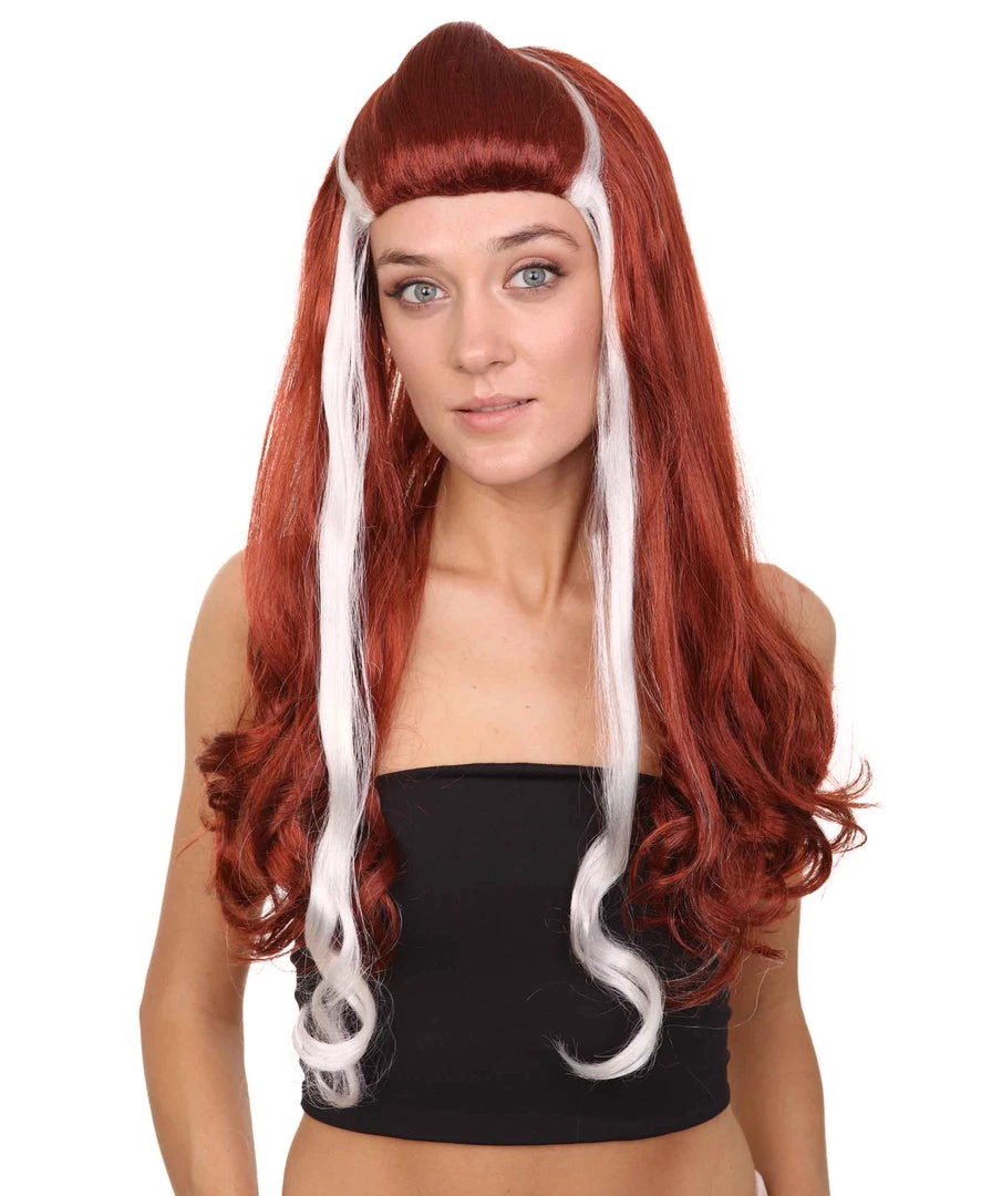 HPO Retro Rock Star Womens Wig | Red & White Halloween Wig | Premium Breathable Capless Cap Women's