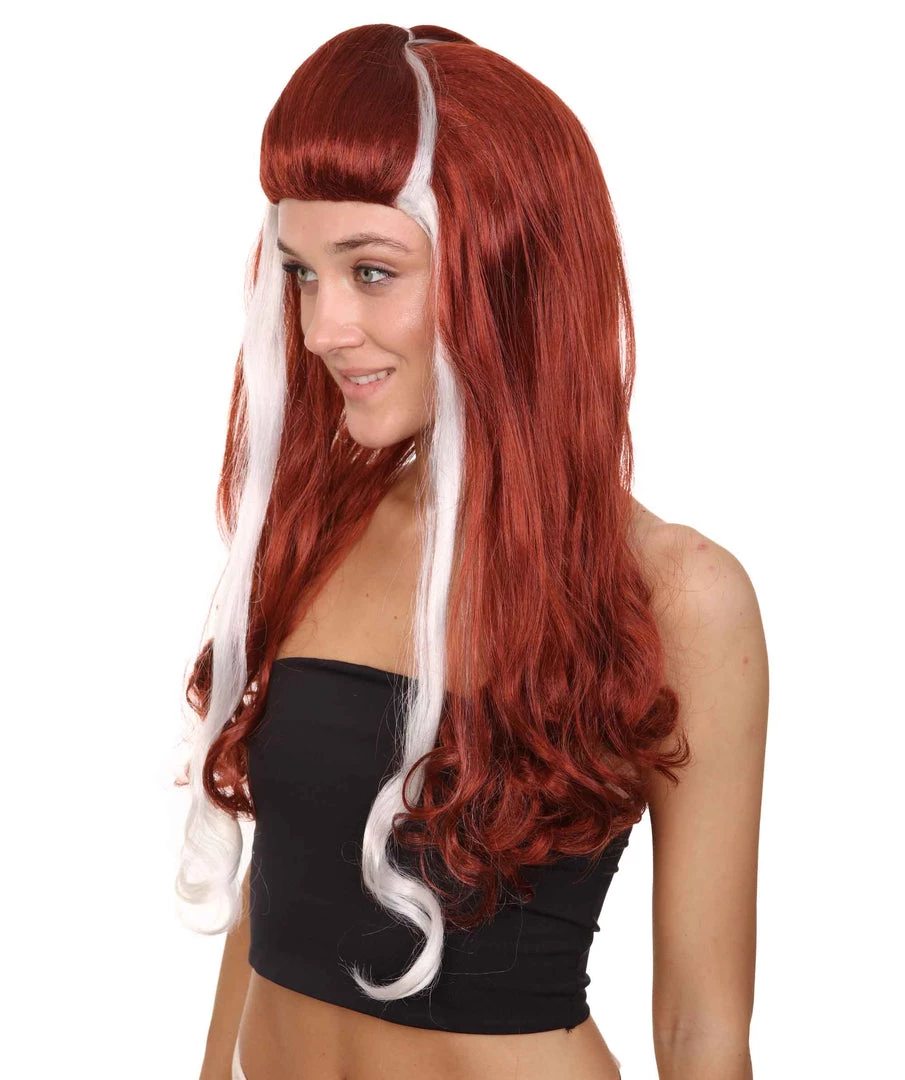 HPO Retro Rock Star Womens Wig | Red & White Halloween Wig | Premium Breathable Capless Cap Women's