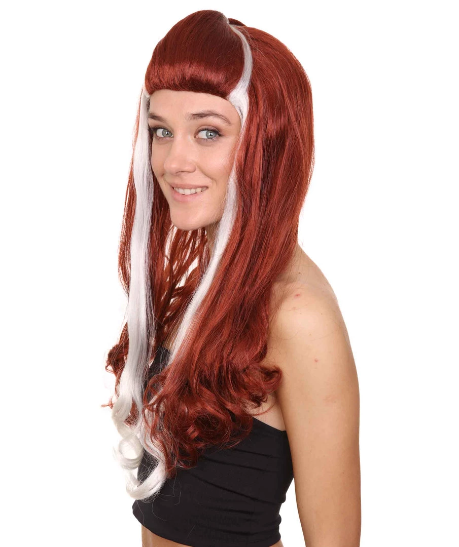 HPO Retro Rock Star Womens Wig | Red & White Halloween Wig | Premium Breathable Capless Cap Women's
