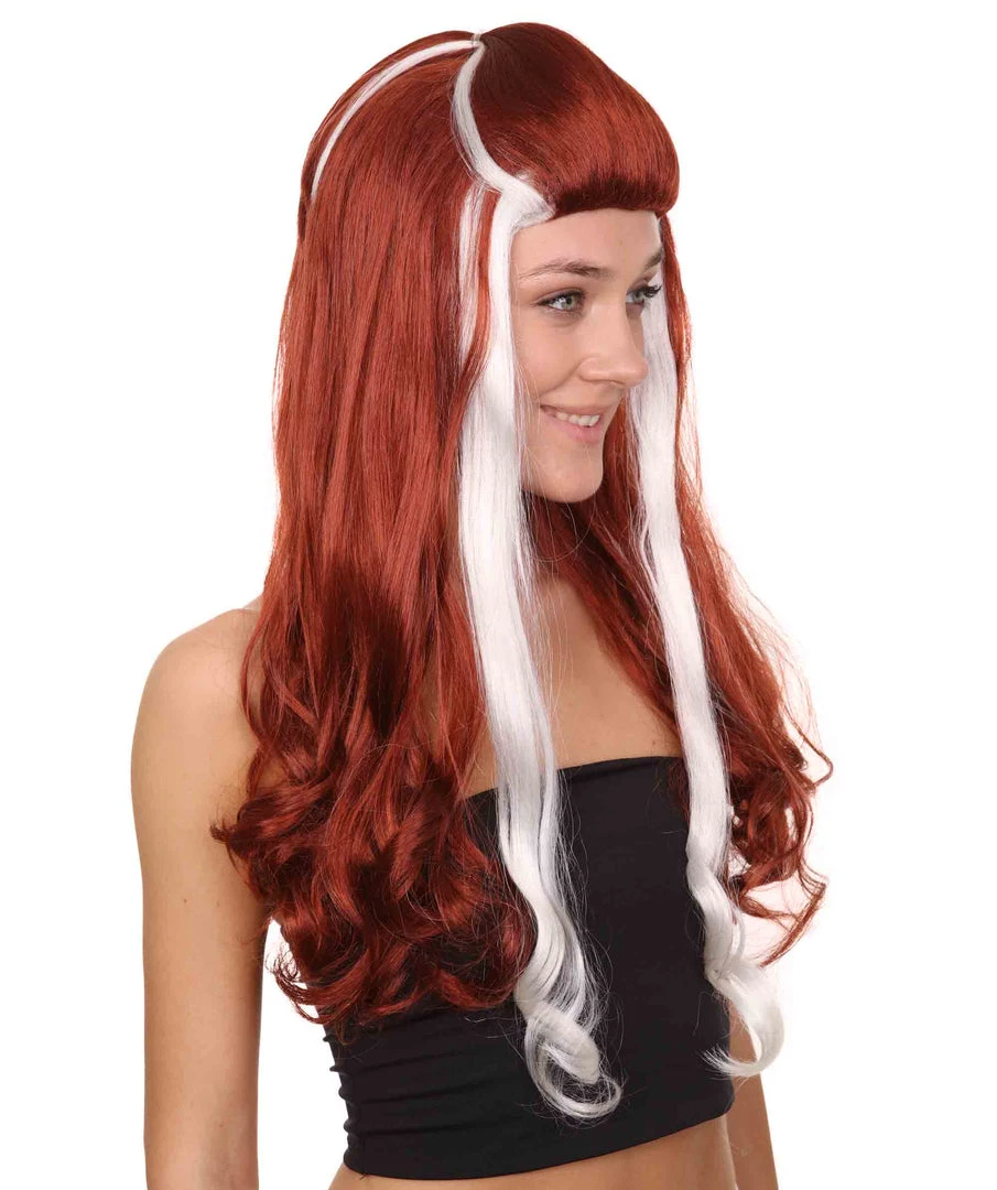 HPO Retro Rock Star Womens Wig | Red & White Halloween Wig | Premium Breathable Capless Cap Women's