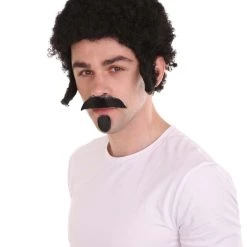 HPO Rapper Mens With Mustache & Chin Patch | Black Cosplay Halloween Wig | Premium Breathable Capless Cap