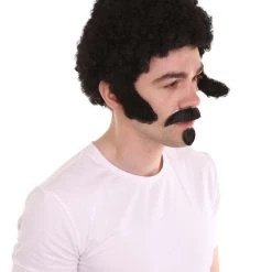 HPO Rapper Mens With Mustache & Chin Patch | Black Cosplay Halloween Wig | Premium Breathable Capless Cap