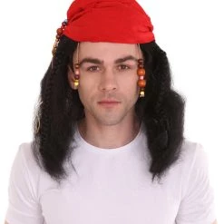 HPO Caribbean Pirate Mens Wig | Black Wig With Red Cap | Premium Breathable Capless Cap