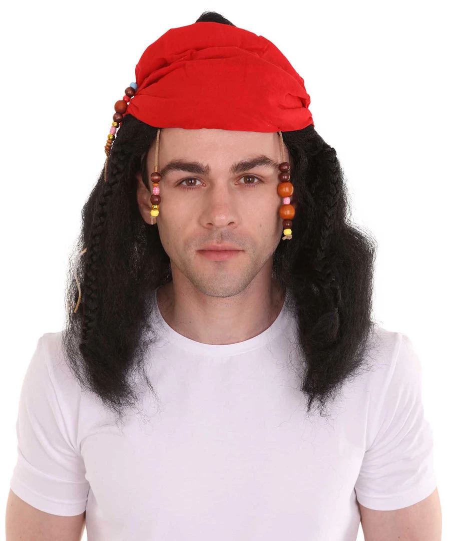 HPO Caribbean Pirate Mens Wig | Black Wig With Red Cap | Premium Breathable Capless Cap