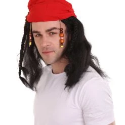 HPO Caribbean Pirate Mens Wig | Black Wig With Red Cap | Premium Breathable Capless Cap