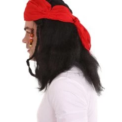 HPO Caribbean Pirate Mens Wig | Black Wig With Red Cap | Premium Breathable Capless Cap