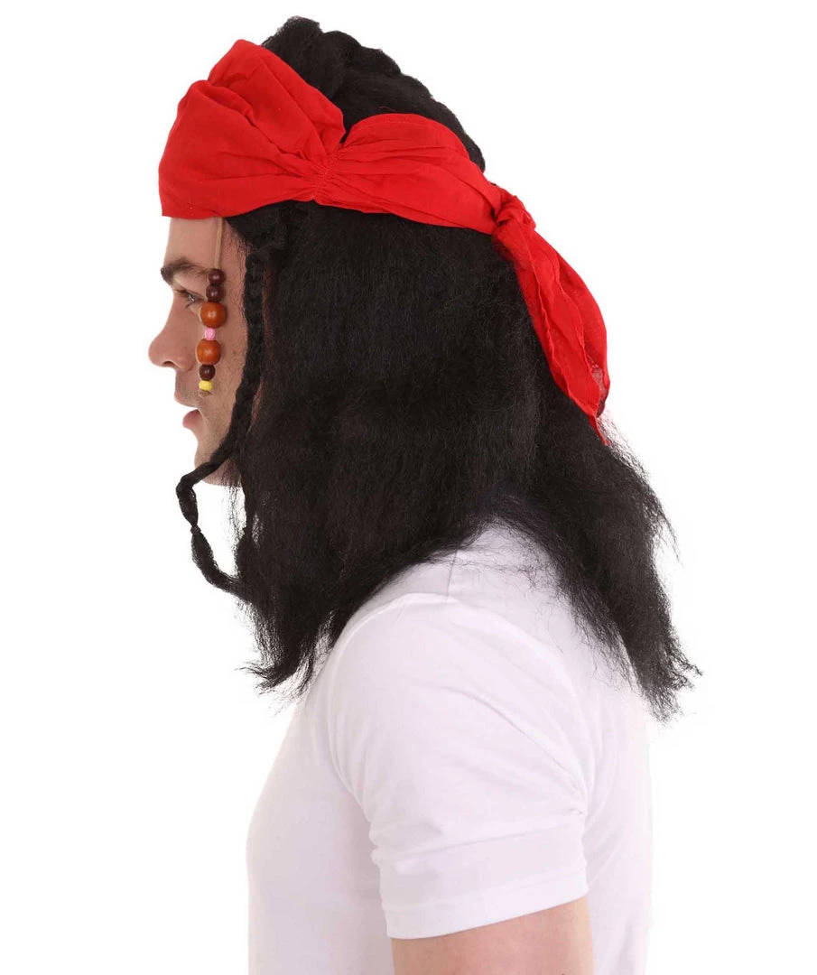 HPO Caribbean Pirate Mens Wig | Black Wig With Red Cap | Premium Breathable Capless Cap
