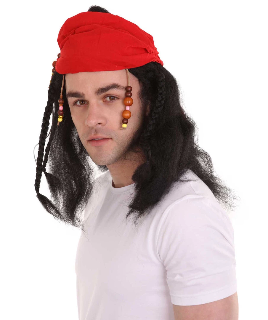HPO Caribbean Pirate Mens Wig | Black Wig With Red Cap | Premium Breathable Capless Cap