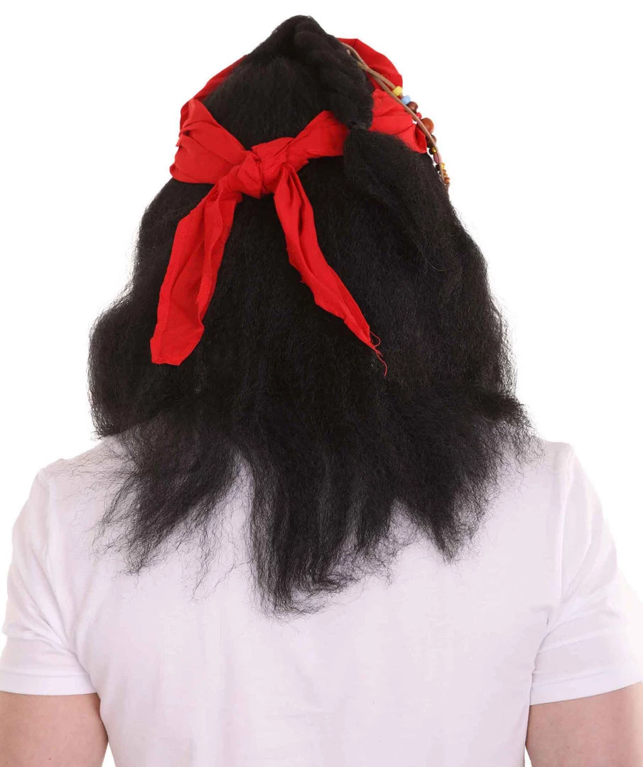 HPO Caribbean Pirate Mens Wig | Black Wig With Red Cap | Premium Breathable Capless Cap