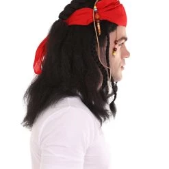 HPO Caribbean Pirate Mens Wig | Black Wig With Red Cap | Premium Breathable Capless Cap