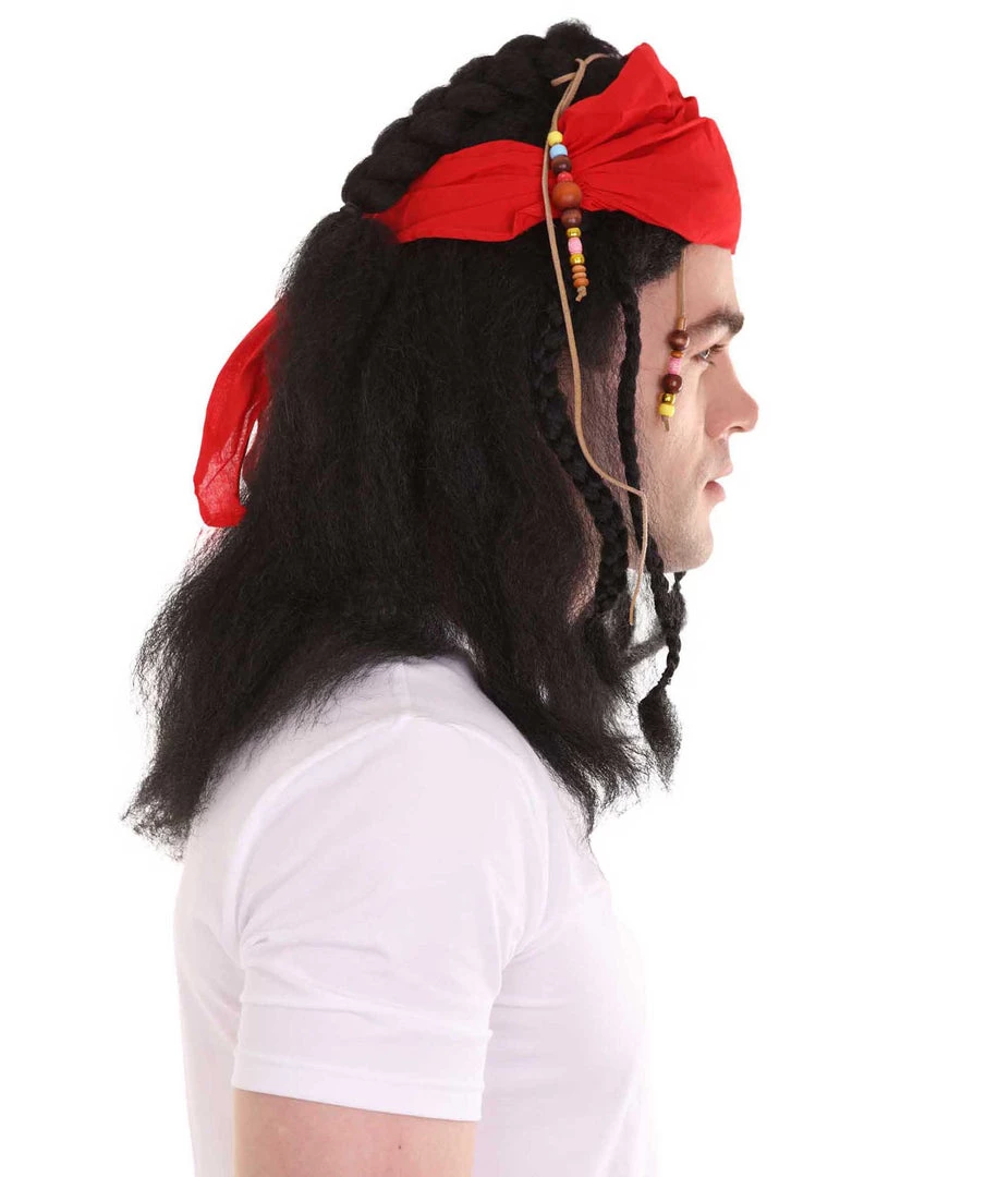 HPO Caribbean Pirate Mens Wig | Black Wig With Red Cap | Premium Breathable Capless Cap