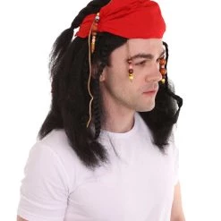 HPO Caribbean Pirate Mens Wig | Black Wig With Red Cap | Premium Breathable Capless Cap