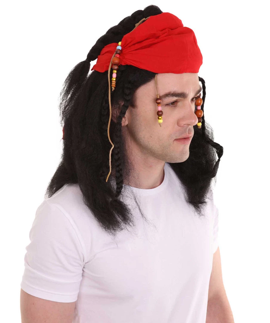 HPO Caribbean Pirate Mens Wig | Black Wig With Red Cap | Premium Breathable Capless Cap