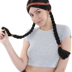 HPO Native American Princess Womens Wig With Headband | Black Braided Cosplay Halloween Wig | Premium Breathable Capless Cap