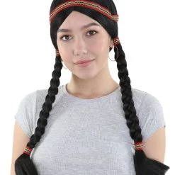HPO Native American Princess Womens Wig With Headband | Black Braided Cosplay Halloween Wig | Premium Breathable Capless Cap