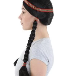 HPO Native American Princess Womens Wig With Headband | Black Braided Cosplay Halloween Wig | Premium Breathable Capless Cap