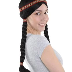 HPO Native American Princess Womens Wig With Headband | Black Braided Cosplay Halloween Wig | Premium Breathable Capless Cap