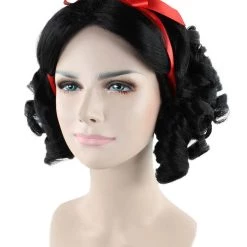 HPO Fairytale Womens Wig | Black Short Cosplay Halloween Wig With Red Ribbon | Premium Breathable Capless Cap Men's