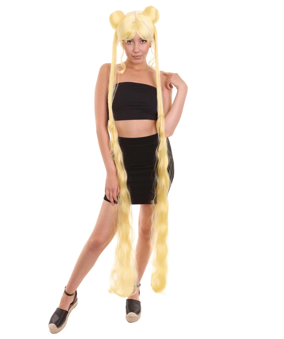 HPO Women's Womens Anime 60" Ponytail Buns Wig | Yellow TV/Movie Wigs | Premium Breathable Capless Cap