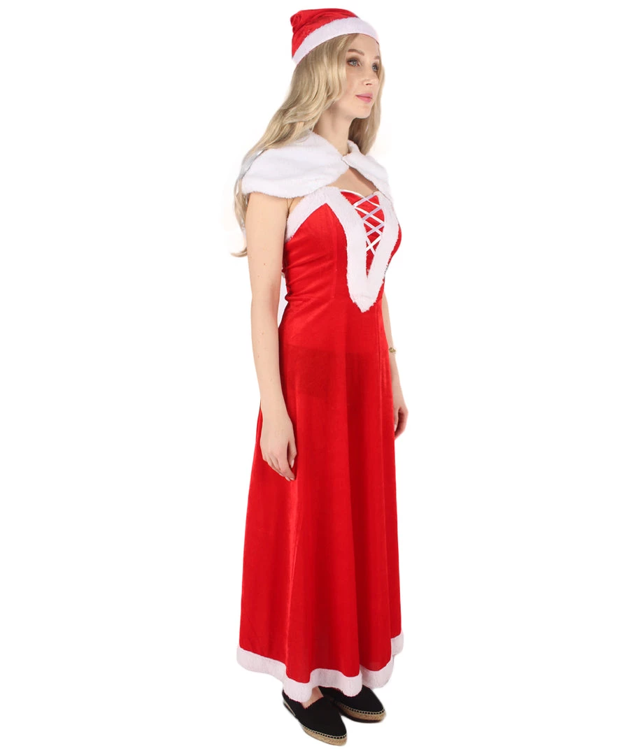 HPO Men's Adult Women Luxury Miss Santa Costume | Red & White Christmas Costume