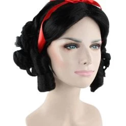 HPO Fairytale Womens Wig | Black Short Cosplay Halloween Wig With Red Ribbon | Premium Breathable Capless Cap Men's
