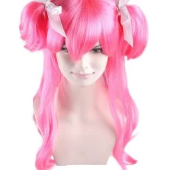 HPO Men's Long Pink Womens Pigtails | Long Pink Character Cosplay Halloween Wig | Premium Breathable Capless Cap
