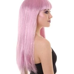 HPO Women's Womens Long Baby Pink Wig With Tinsel Highlights | Halloween Rave Wig | Premium Breathable Capless Cap