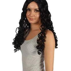 HPO Womens Colonial Ladies 18th Century Long Curly Wig | Black Historical Wigs | Premium Breathable Capless Cap