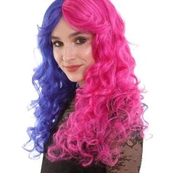 BC Women's Two Tone Blue And Pink Color Curly Medium Length Trendy Wig