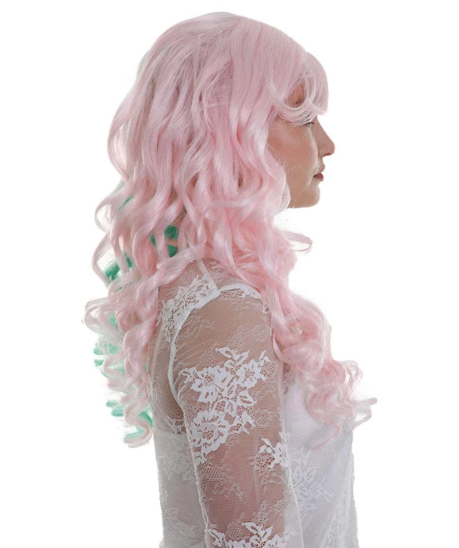 BC Women's Two Tone Green And Pink Color Curly Medium Length Trendy Calypso Wig