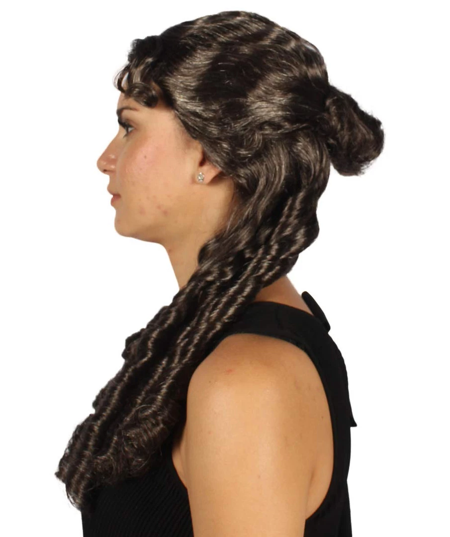HPO Womens Colonial Lady Wig | Dark Brown Curly Historical Wigs | Premium Breathable Capless Cap