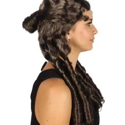 HPO Womens Colonial Lady Wig | Dark Brown Curly Historical Wigs | Premium Breathable Capless Cap