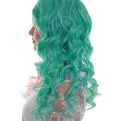 BC Women's Two Tone Green And Pink Color Curly Medium Length Trendy Calypso Wig