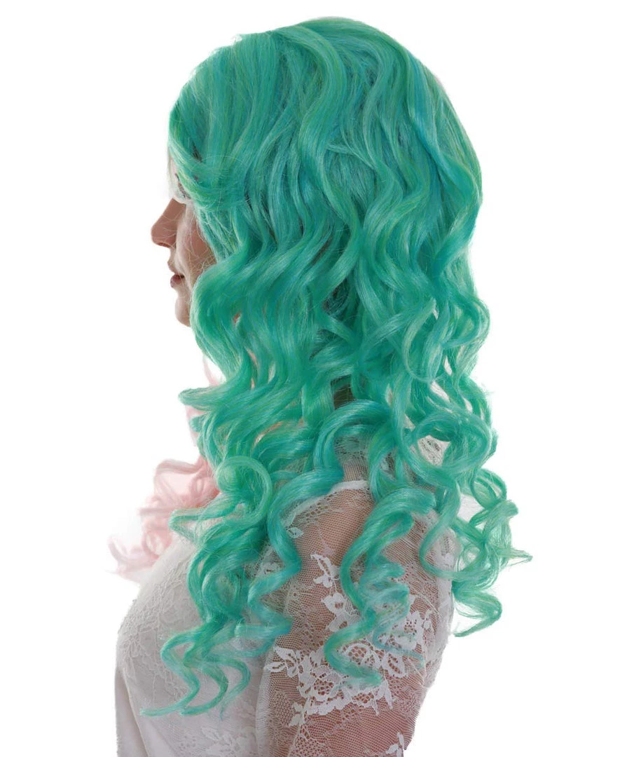 BC Women's Two Tone Green And Pink Color Curly Medium Length Trendy Calypso Wig