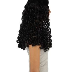 HPO Womens Colonial Ladies 18th Century Long Curly Wig | Black Historical Wigs | Premium Breathable Capless Cap