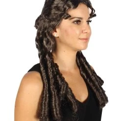HPO Womens Colonial Lady Wig | Dark Brown Curly Historical Wigs | Premium Breathable Capless Cap