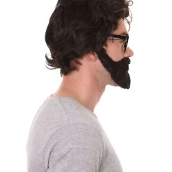 HPO Crime TV | Men's Medium Length Side Part Black Straight Bearded Cosplay Wig With Black Glasses