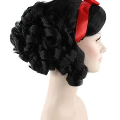 HPO Fairytale Womens Wig | Black Short Cosplay Halloween Wig With Red Ribbon | Premium Breathable Capless Cap Men's