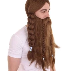 HPO Men's Mens Viking Wig & Beard Set | Brown Cosplay Halloween Wig | Premium Breathable Capless Cap