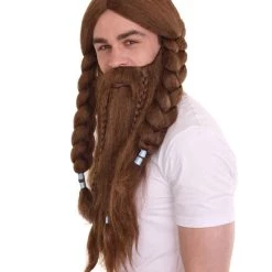HPO Men's Mens Viking Wig & Beard Set | Brown Cosplay Halloween Wig | Premium Breathable Capless Cap