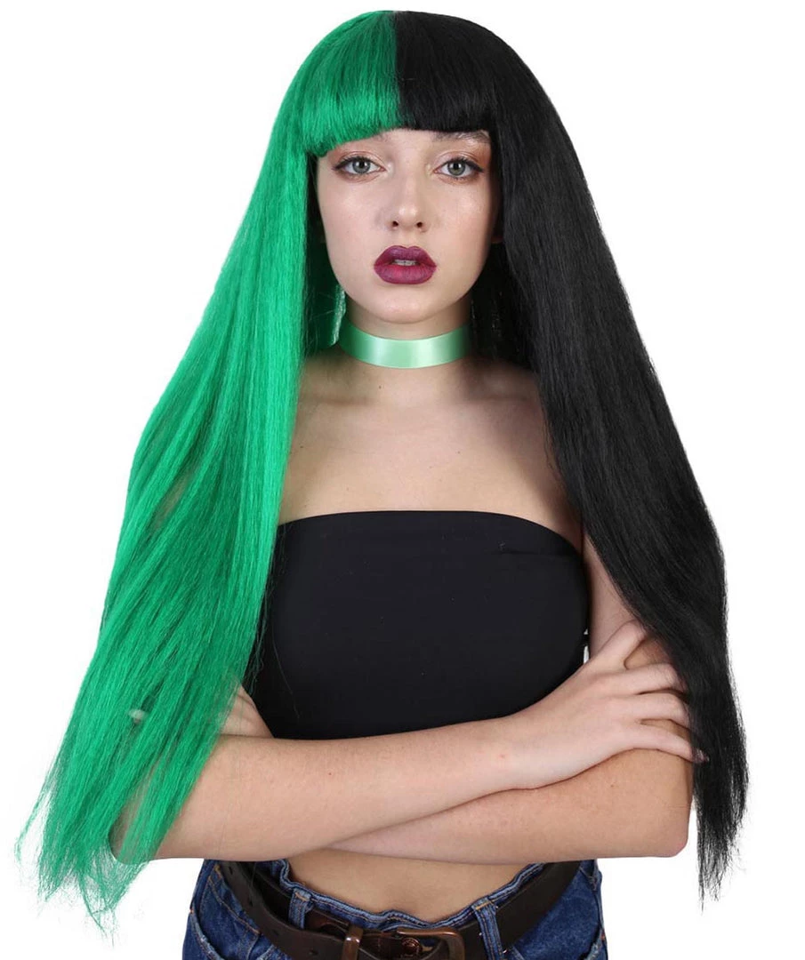 HPO Womens Singer Wig | Long Green Black Celebrity Straight Wig | Premium Breathable Capless Cap