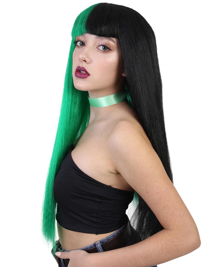 HPO Womens Singer Wig | Long Green Black Celebrity Straight Wig | Premium Breathable Capless Cap