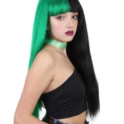 HPO Womens Singer Wig | Long Green Black Celebrity Straight Wig | Premium Breathable Capless Cap