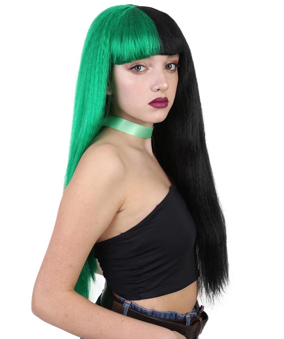 HPO Womens Singer Wig | Long Green Black Celebrity Straight Wig | Premium Breathable Capless Cap