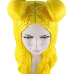 HPO Womens Long Braided Bun Wig | Bright Yellow Wig | Premium Breathable Capless Cap