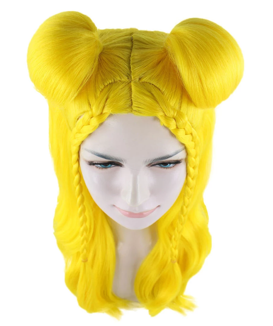 HPO Womens Long Braided Bun Wig | Bright Yellow Wig | Premium Breathable Capless Cap