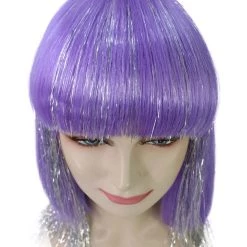 HPO Women's Long Violet 90's Bob With Silver Tinsel Highlights | Halloween Rave Wig | Premium Breathable Capless Cap