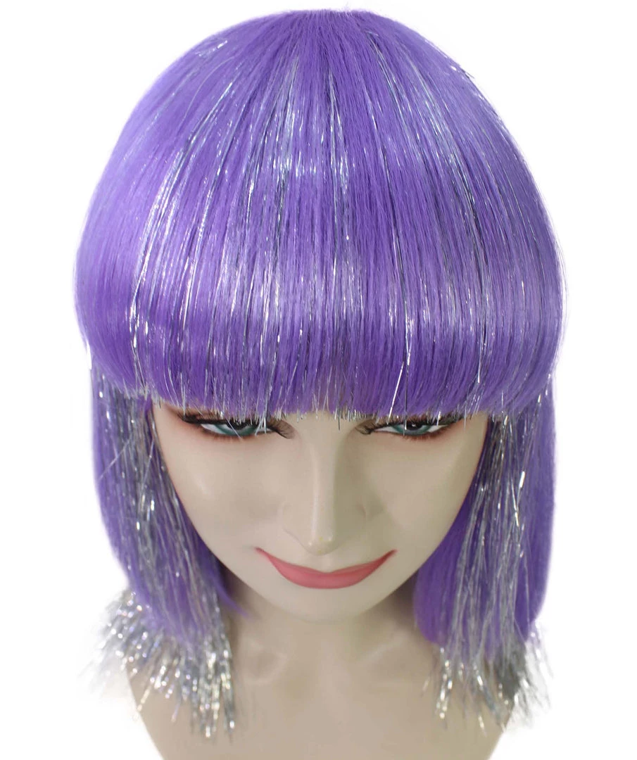 HPO Women's Long Violet 90's Bob With Silver Tinsel Highlights | Halloween Rave Wig | Premium Breathable Capless Cap