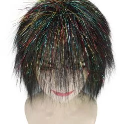 HPO Womens Black Rave Mullet With Gold Iridescent Tinsel Highlights | Halloween Rave Wig | Premium Breathable Capless Cap